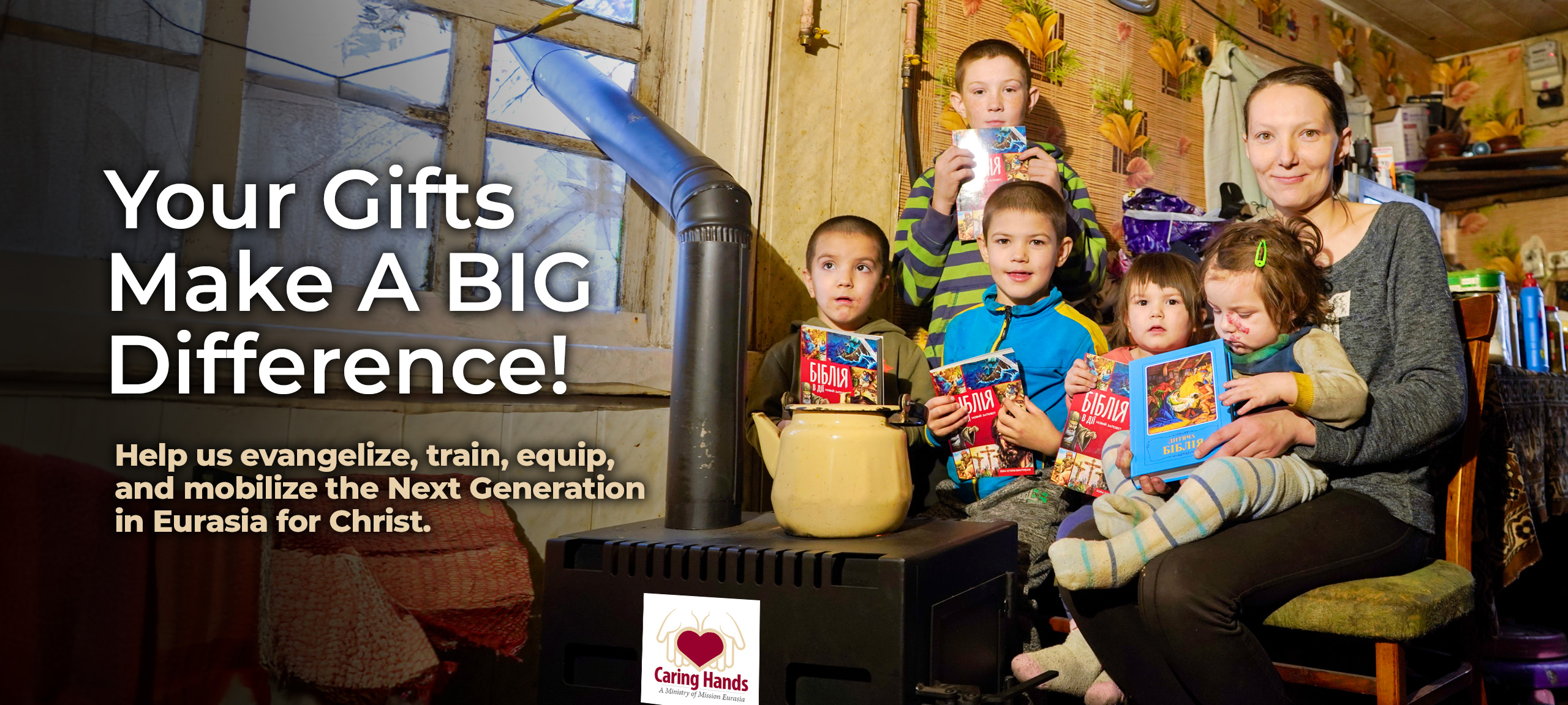 photo with family and caring hands wood stove saying Your gifts make a big difference