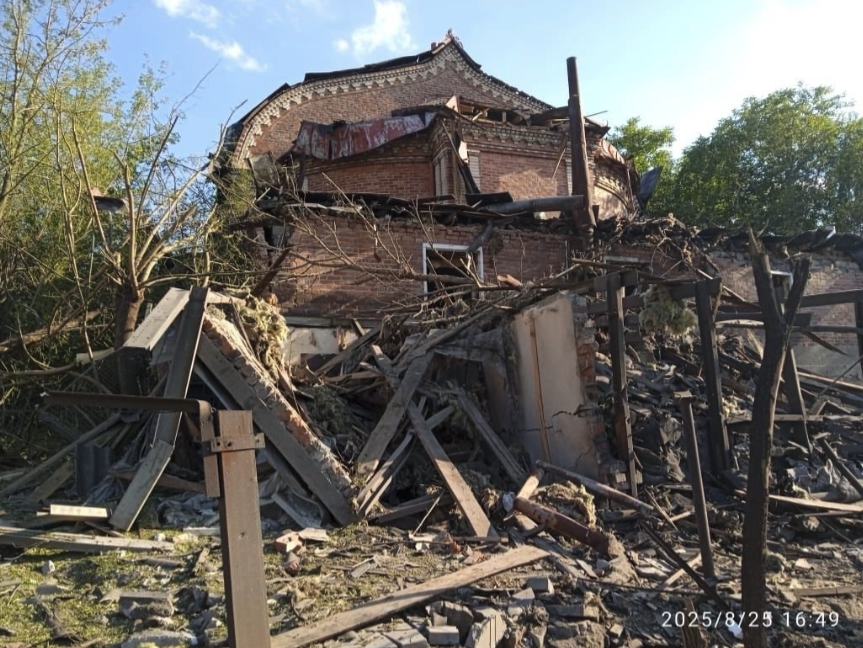 The heavily damaged and collapsed brick church building in Myrnohrad where Pastor Leonid Skumatov served, reduced to rubble following a Russian drone strike.