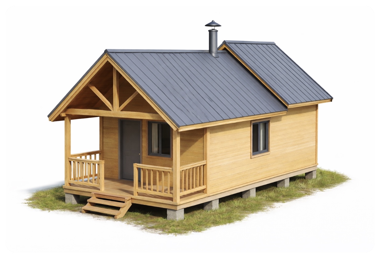 A newly constructed wooden cabin style building for the Meadow of Hope Center, featuring a front porch and a gray shingle roof.