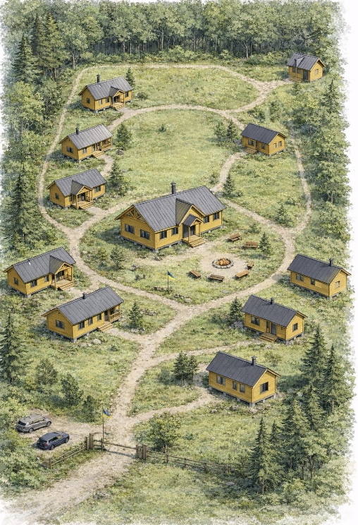 Illustrated aerial map layout of the Meadow of Hope Center campus, showing a cluster of small yellow cabins and a larger central building connected by walking paths in a green, wooded area.