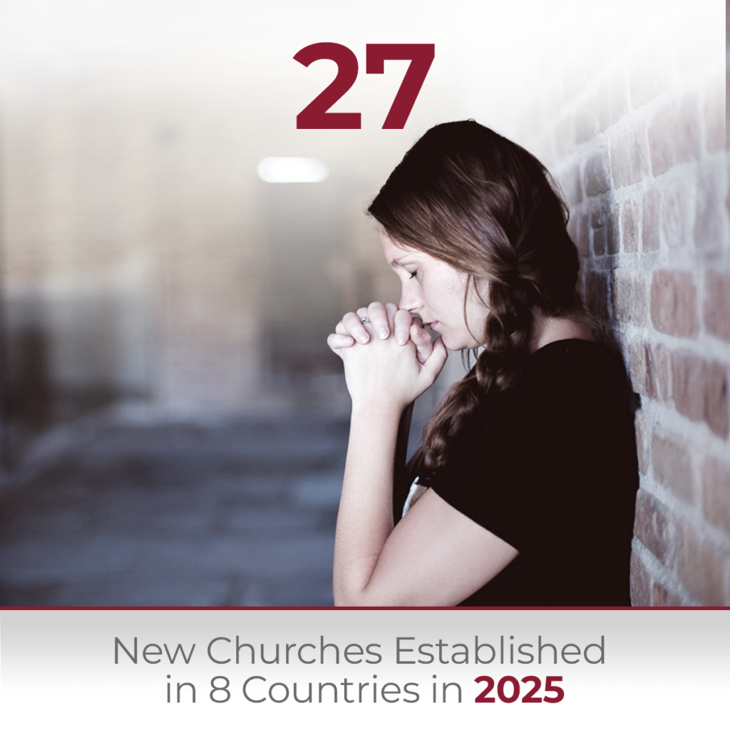 A close-up portrait of a young woman leaning against a brick wall with her eyes closed and hands clasped together in prayer, with text overlay reading 27 New Churches Established in 8 Countries in 2025.
