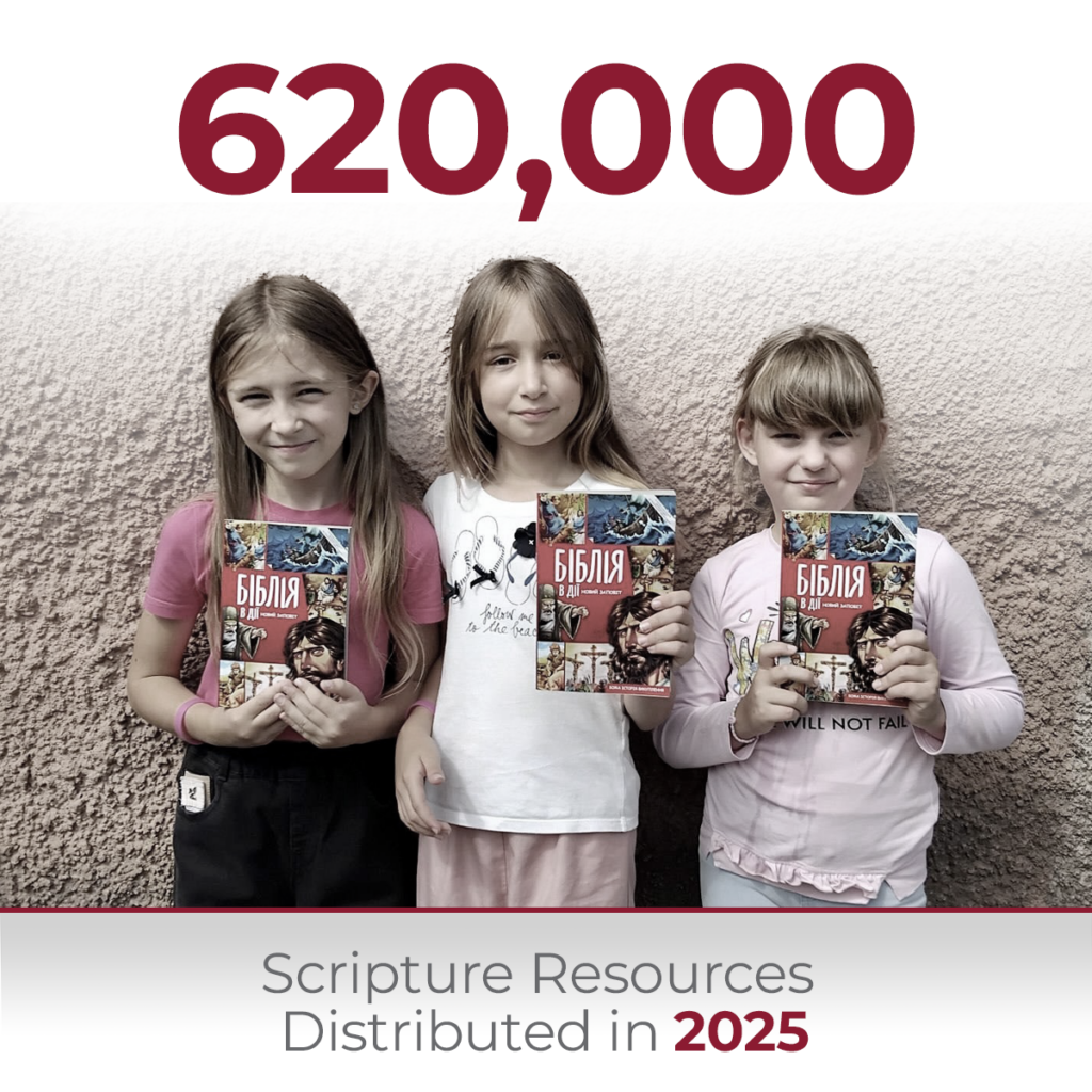 Three smiling young girls standing against a wall outdoors, joyfully holding up identical blue children's Bibles, with text overlay reading 620,000 Scripture Resources Distributed in 2025.