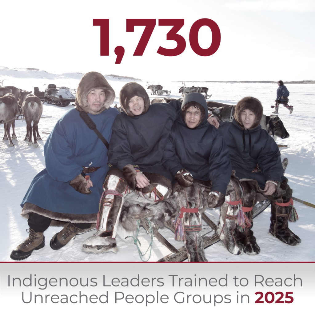 Four Indigenous leaders dressed in traditional cold-weather gear sit together outdoors, with text overlay reading 1,730 Indigenous Leaders Trained to Reach Unreached People Groups in 2025.