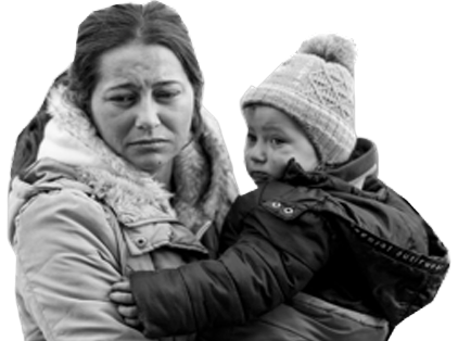 A distressed Ukrainian mother in a winter coat holding her young child tightly during a crisis.